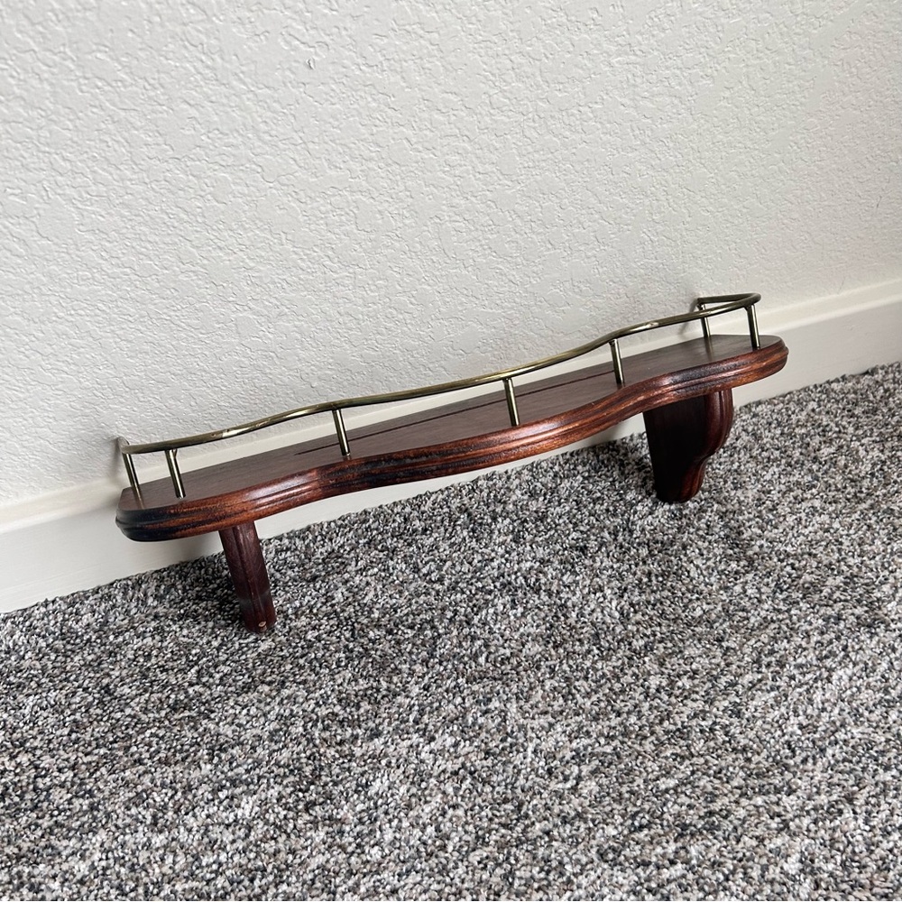 MCM Wood Floating Display Shelf with Gold Wavy Rail